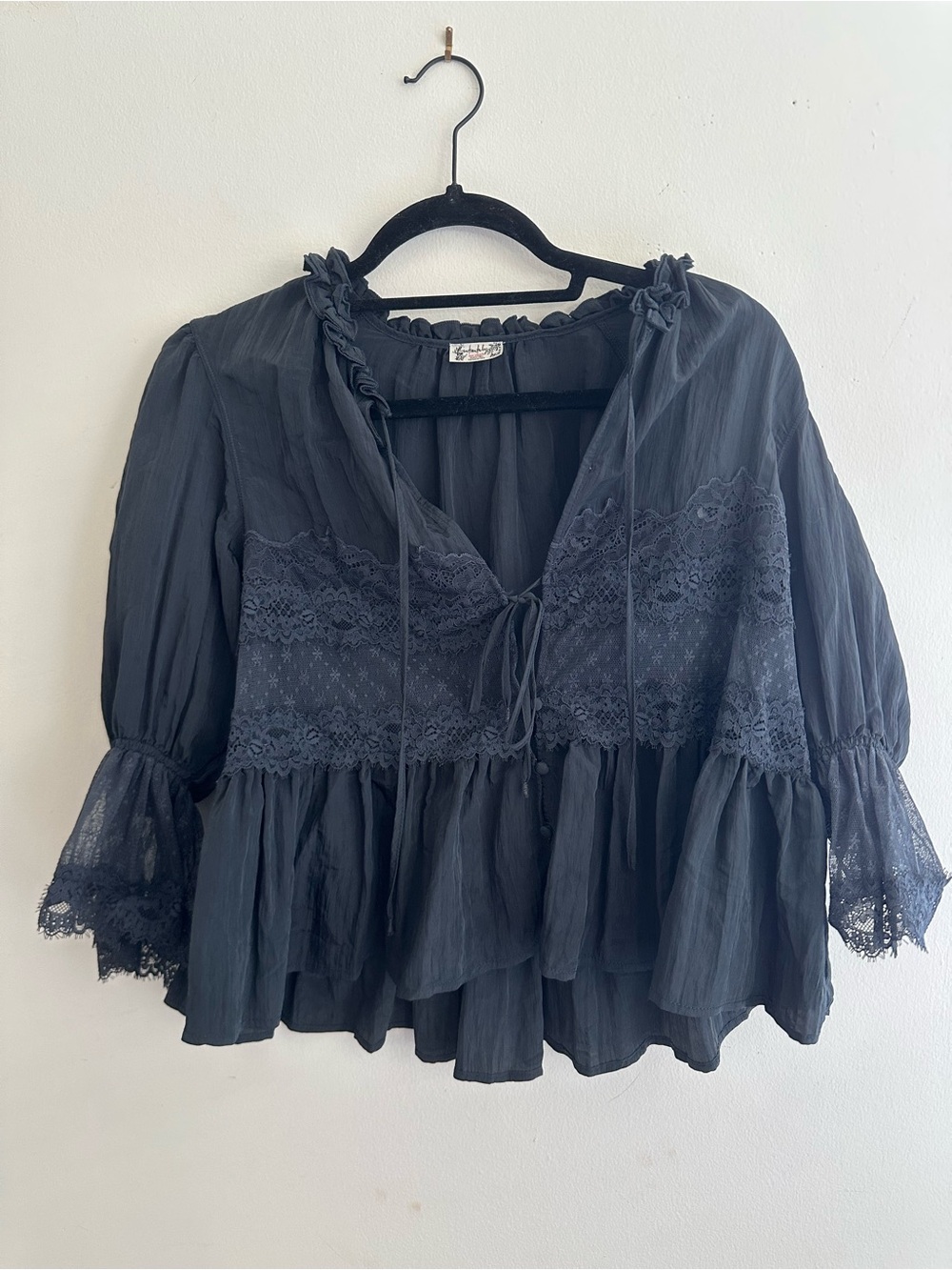 Free People Black Lace Tie-Front Peasant Blouse